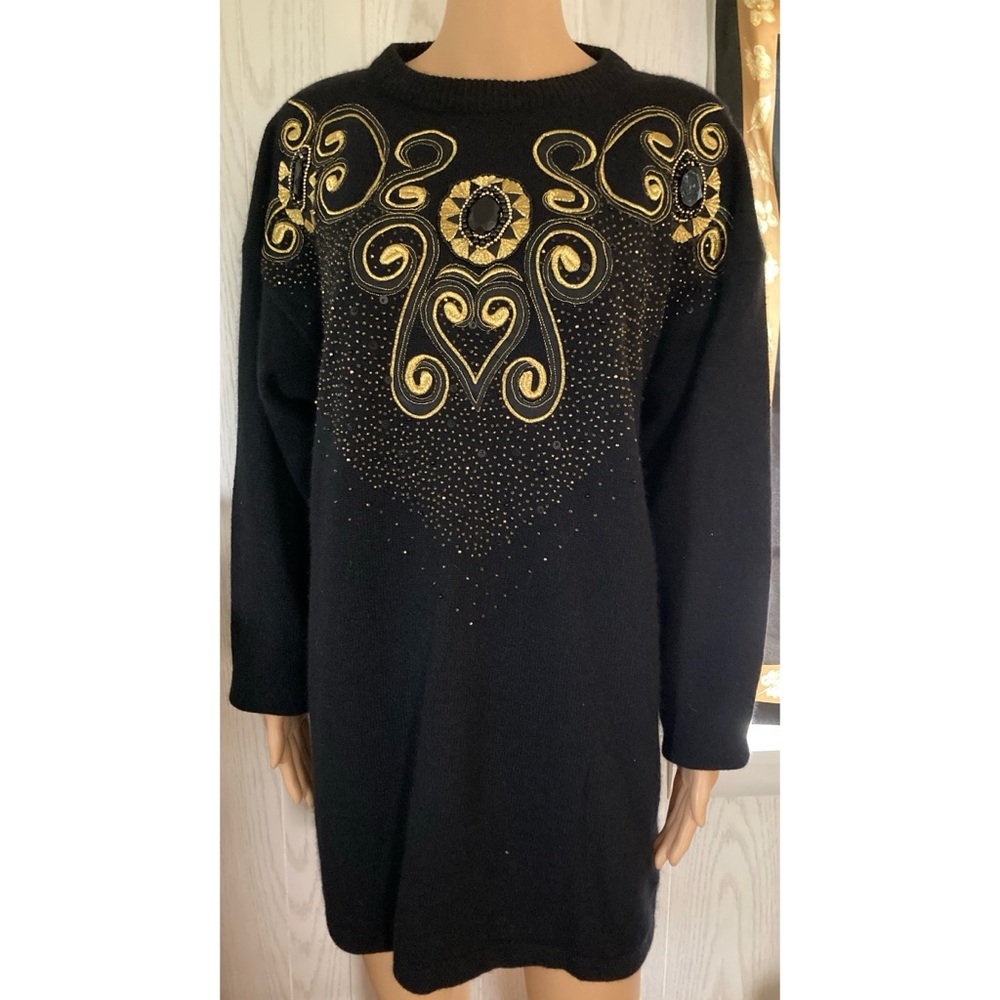 VINTAGE CEDARS SWEATER Embroidered Beaded Lambswool Angora Black & Gold LARGE
